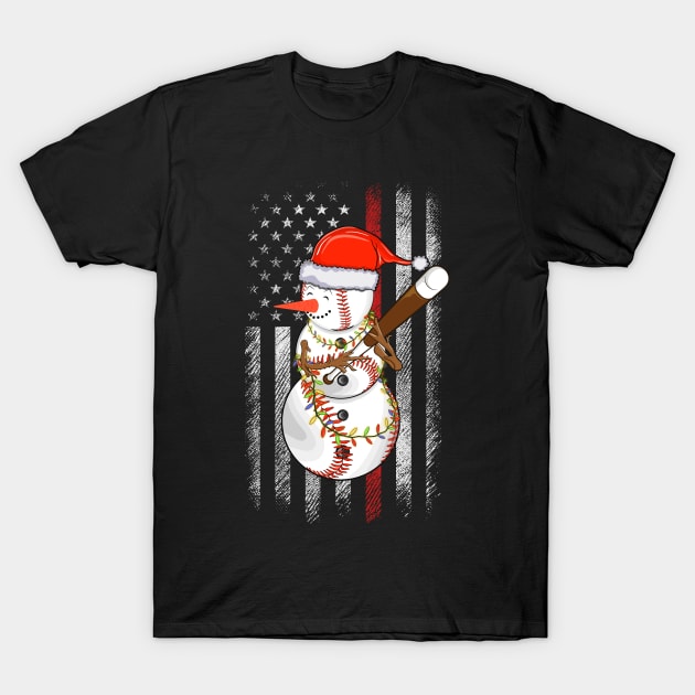 Christmas Snowman Playing Baseball with Us Flag Background T-Shirt by Sandra Holloman